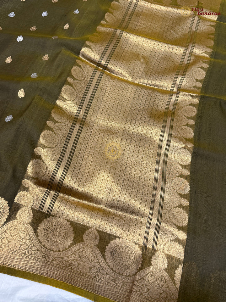Mehendi Green Pure Banarasi Handloom Kora Silk Saree