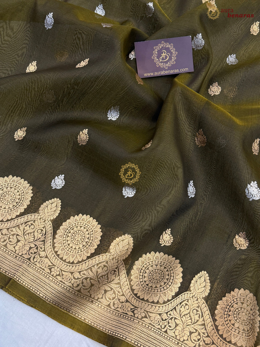 Mehendi Green Pure Banarasi Handloom Kora Silk Saree