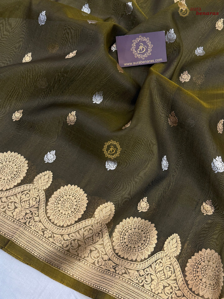 Mehendi Green Pure Banarasi Handloom Kora Silk Saree