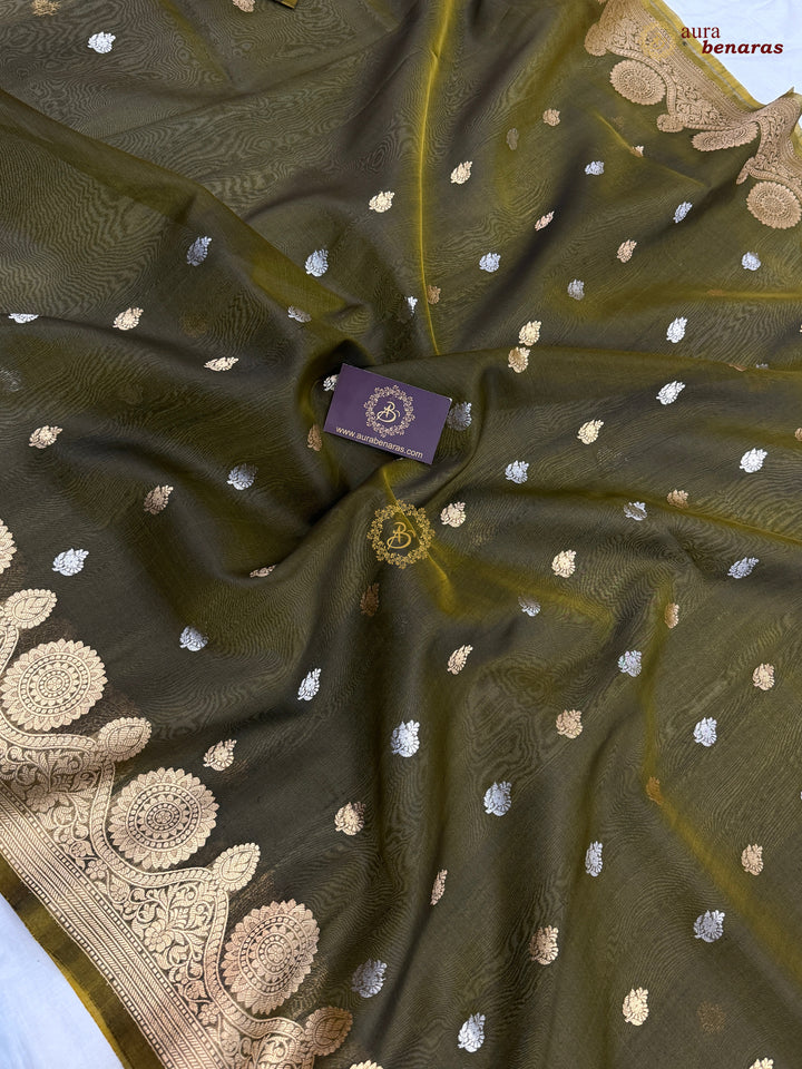 Mehendi Green Pure Banarasi Handloom Kora Silk Saree