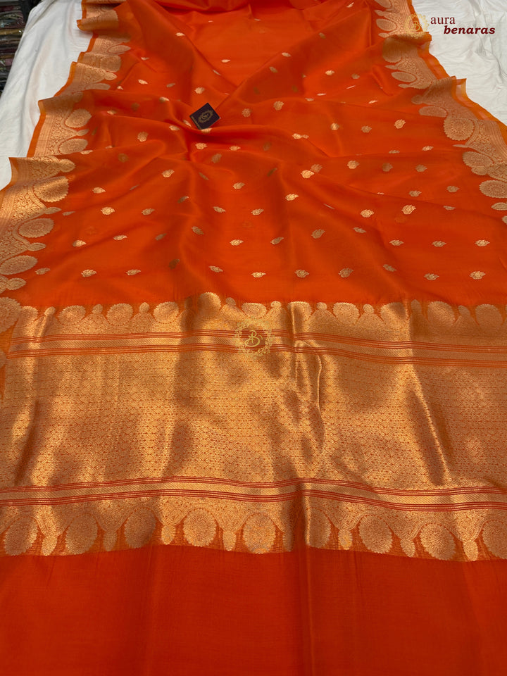 Orange Pure Banarasi Handloom Kora Silk Saree