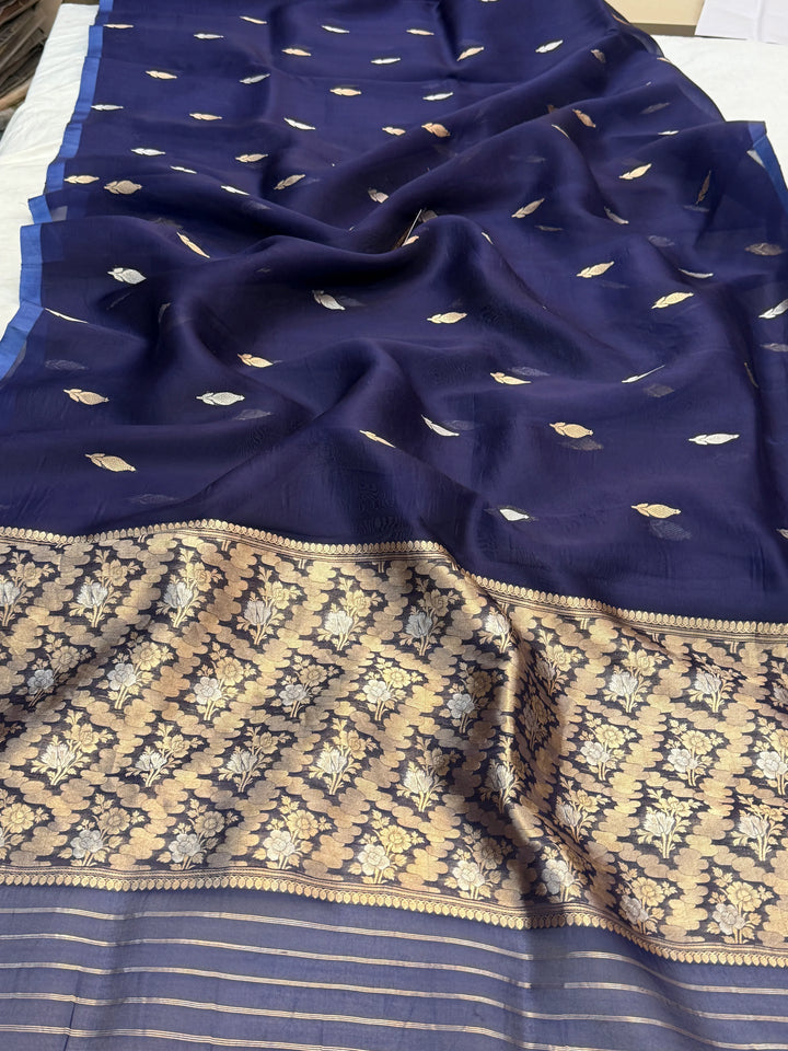 Navy Blue Pure Kora Silk Handloom Banarasi Saree