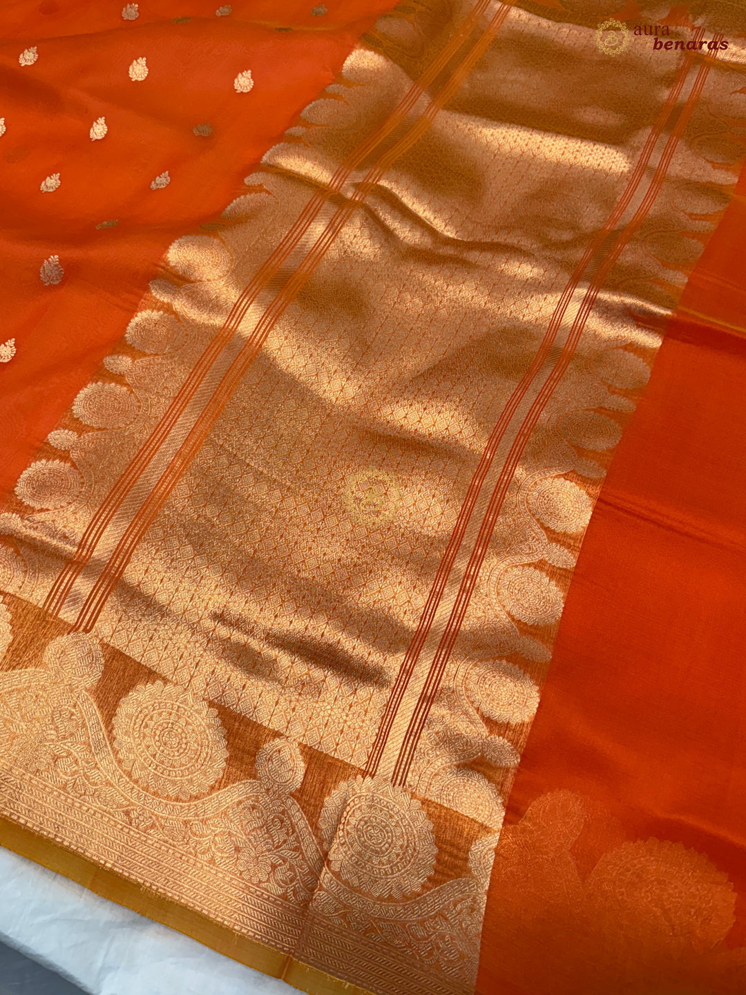 Orange Pure Banarasi Handloom Kora Silk Saree