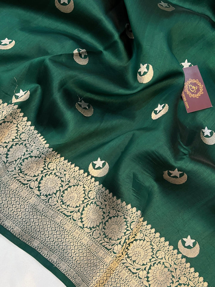 Bottle Green Pure Banarasi Handloom Silk Saree - Aura Benaras