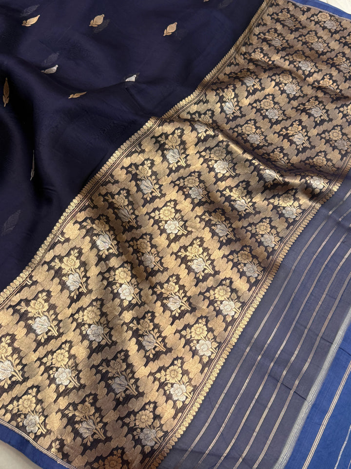 Navy Blue Pure Kora Silk Handloom Banarasi Saree