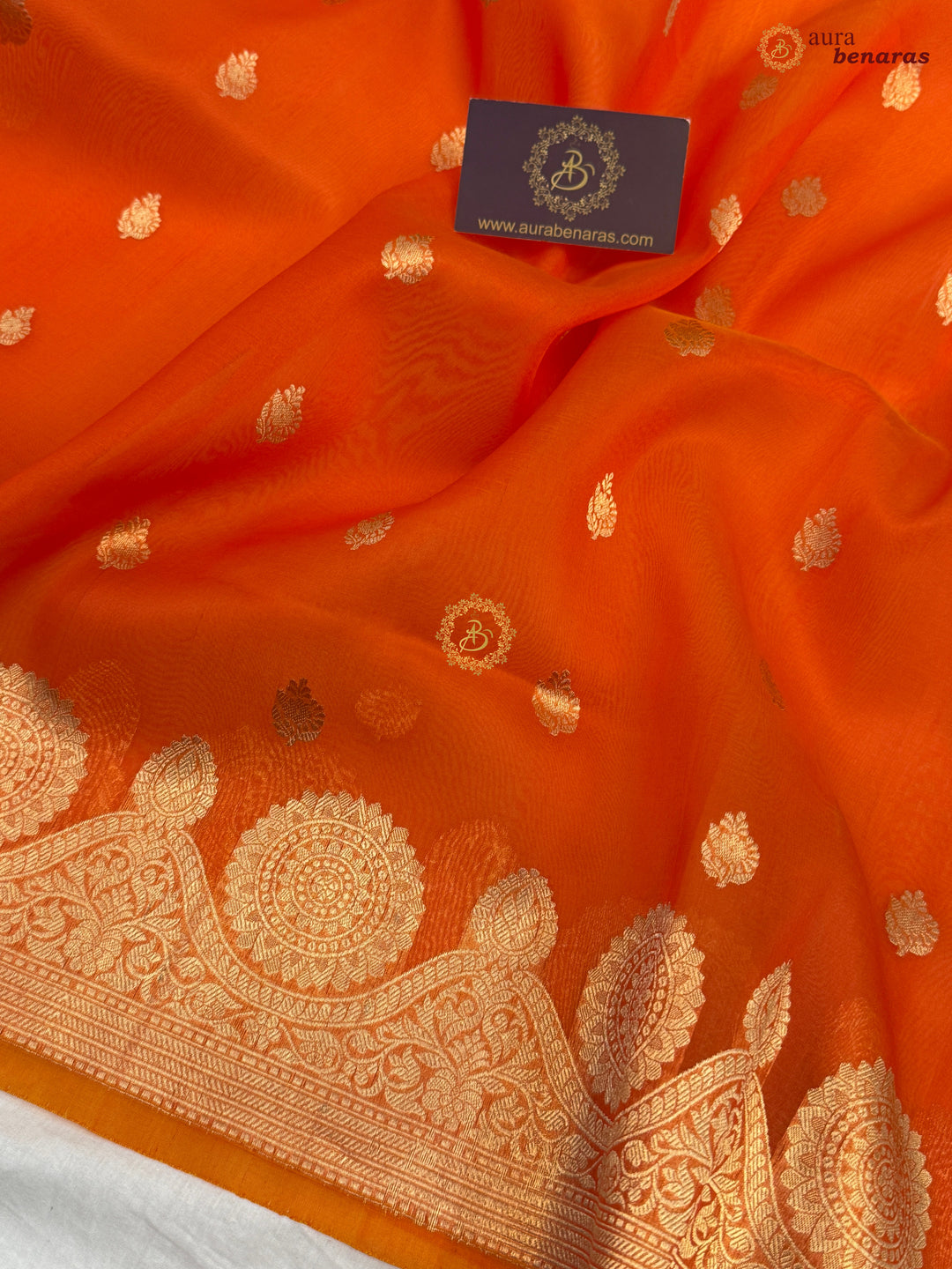 Orange Pure Banarasi Handloom Kora Silk Saree
