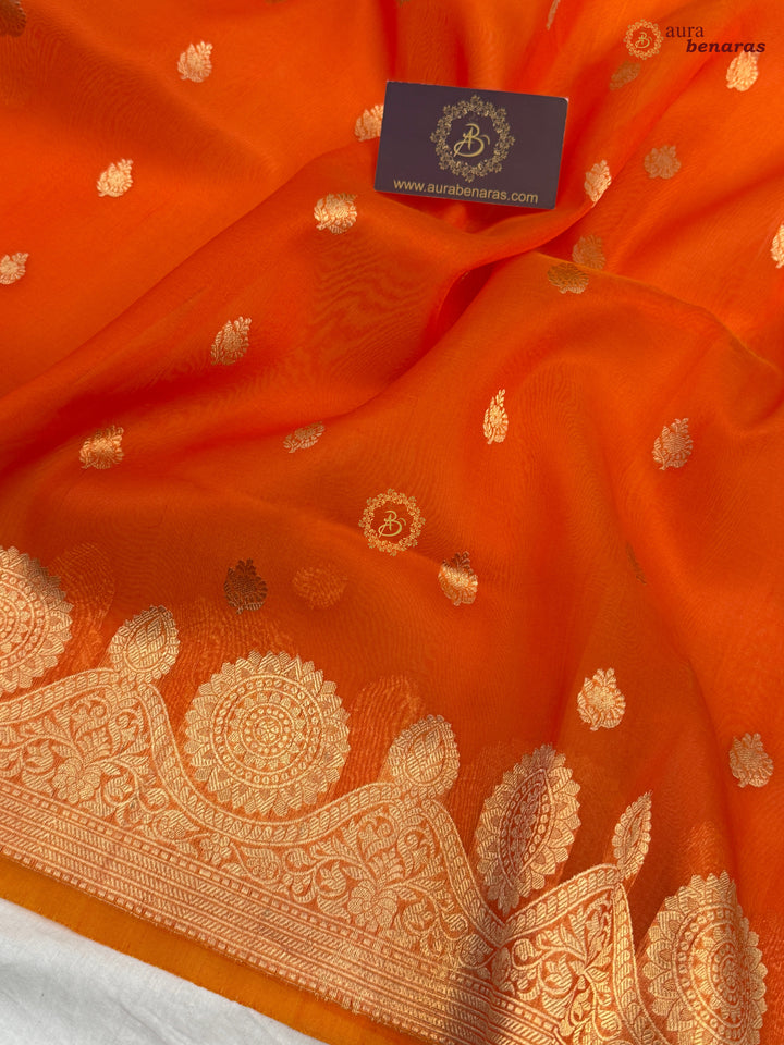 Orange Pure Banarasi Handloom Kora Silk Saree