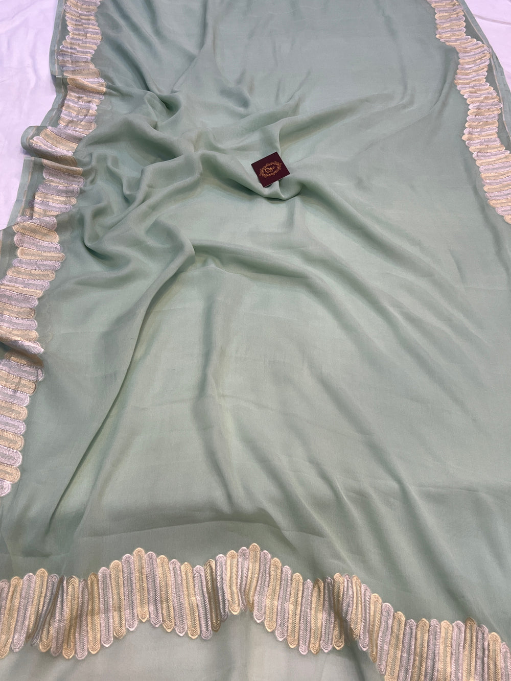 Pastel Mint Green Pure Banarasi Khaddi Georgette Saree 