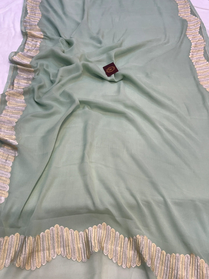 Pastel Mint Green Pure Banarasi Khaddi Georgette Saree 