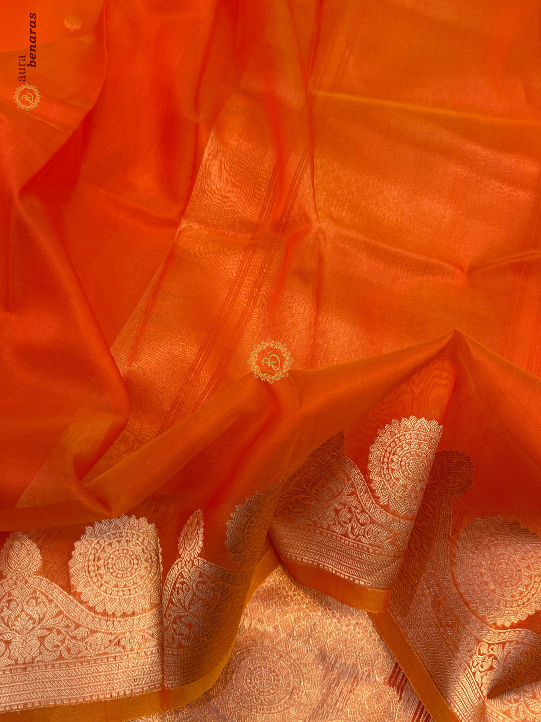 Orange Pure Banarasi Handloom Kora Silk Saree
