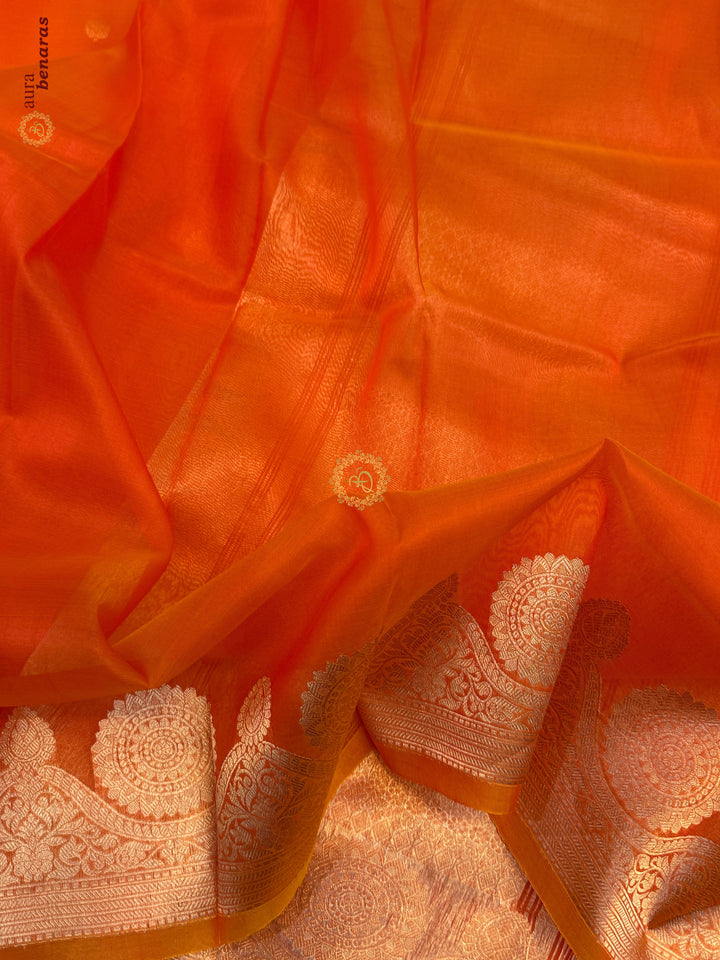Orange Pure Banarasi Handloom Kora Silk Saree