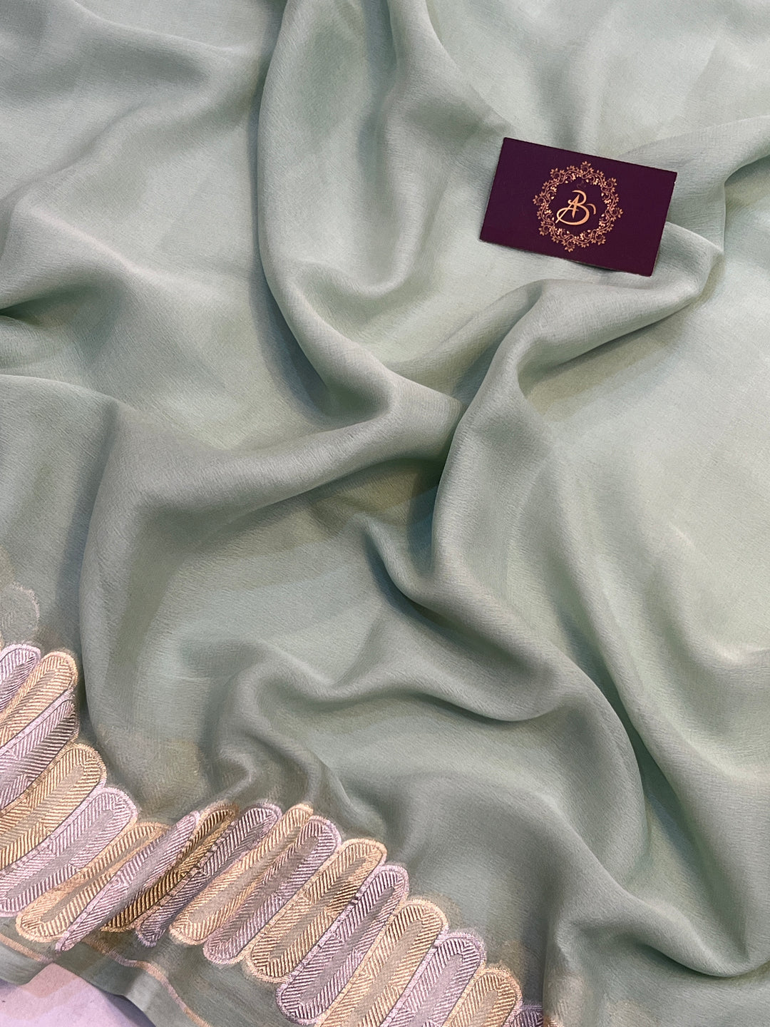 Pastel Mint Green Pure Banarasi Khaddi Georgette Saree 