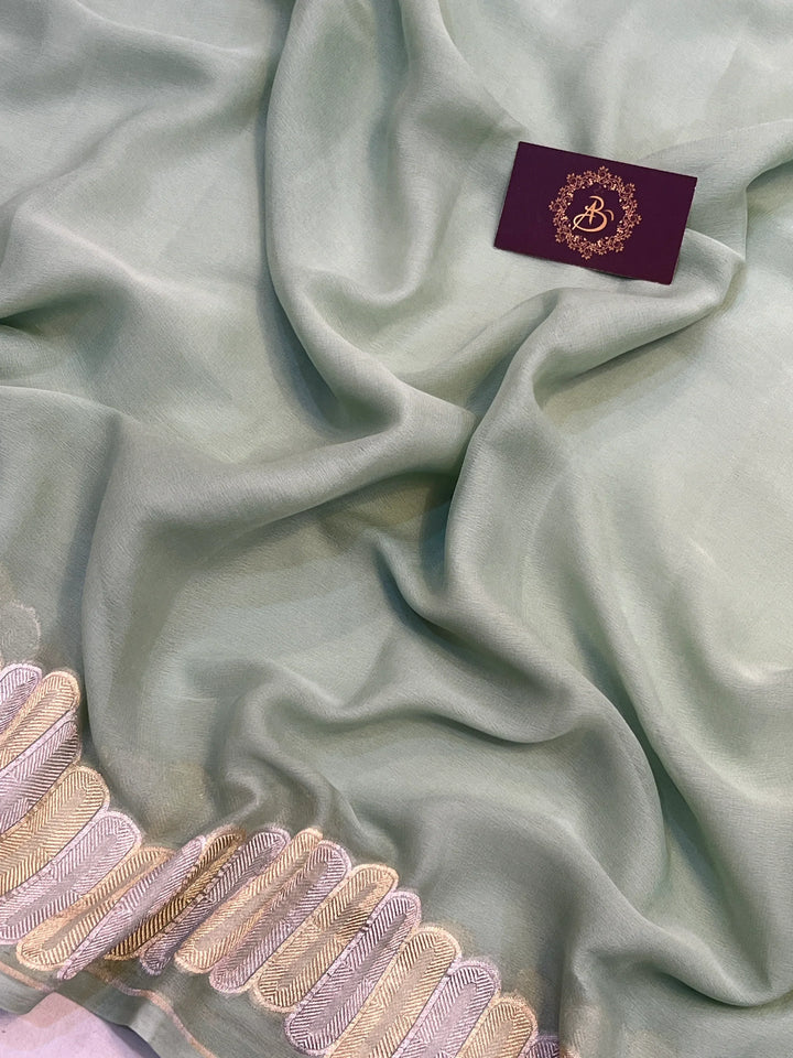 Pastel Mint Green Pure Banarasi Khaddi Georgette Saree 