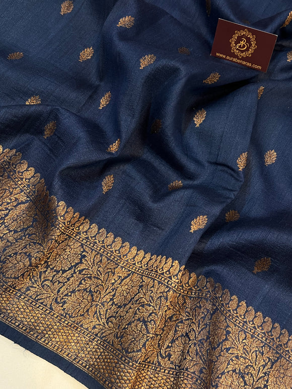 Teal Banarasi Handloom Pure Tussar Silk Saree - Aura Benaras