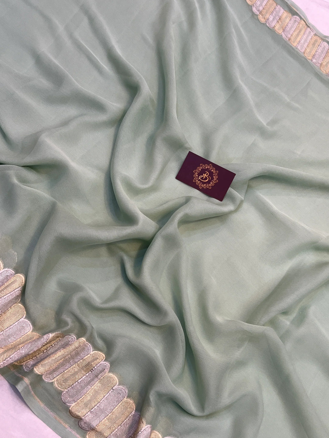 Pastel Mint Green Pure Banarasi Khaddi Georgette Saree 