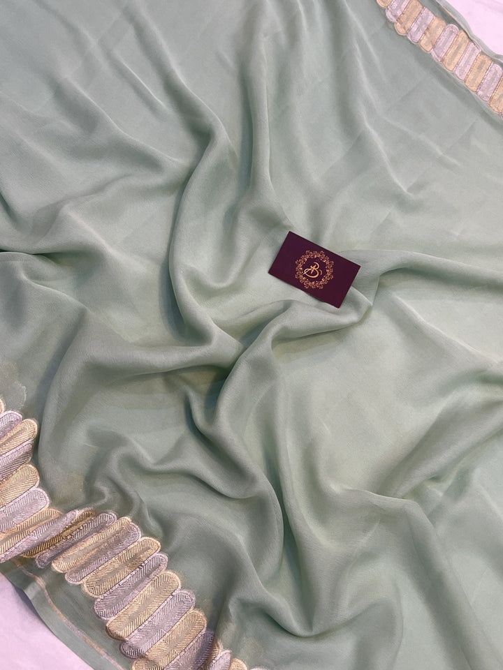 Pastel Mint Green Pure Banarasi Khaddi Georgette Saree 