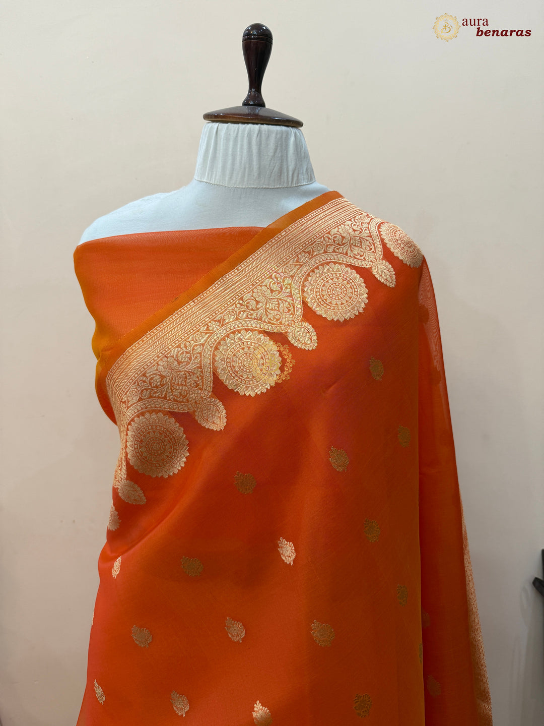 Orange Pure Banarasi Handloom Kora Silk Saree
