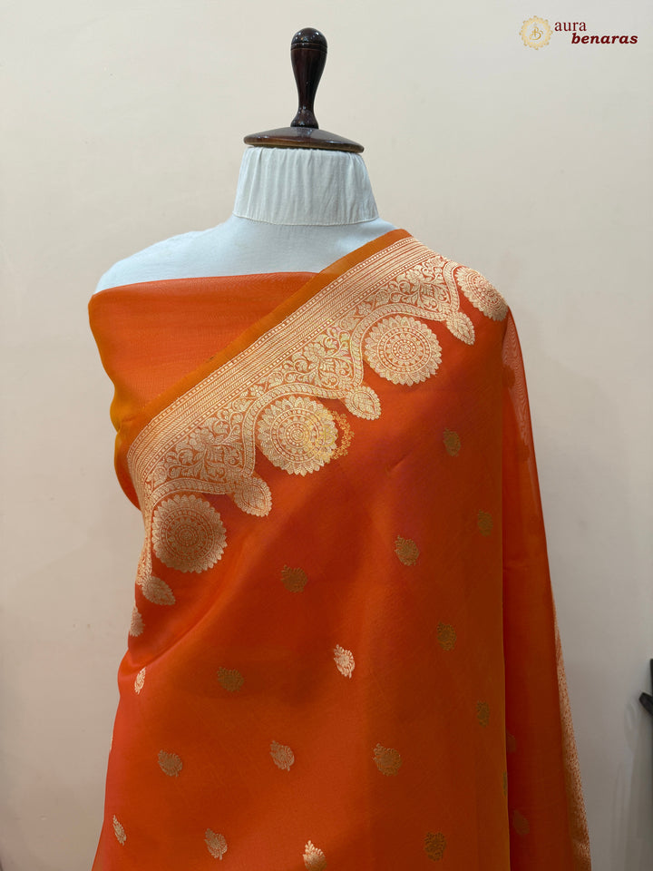 Orange Pure Banarasi Handloom Kora Silk Saree