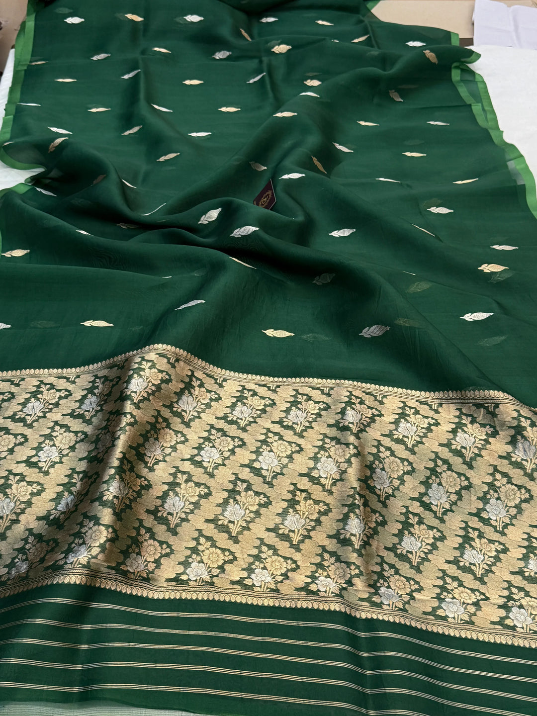 Bottle Green Pure Kora Silk Handloom Banarasi Saree