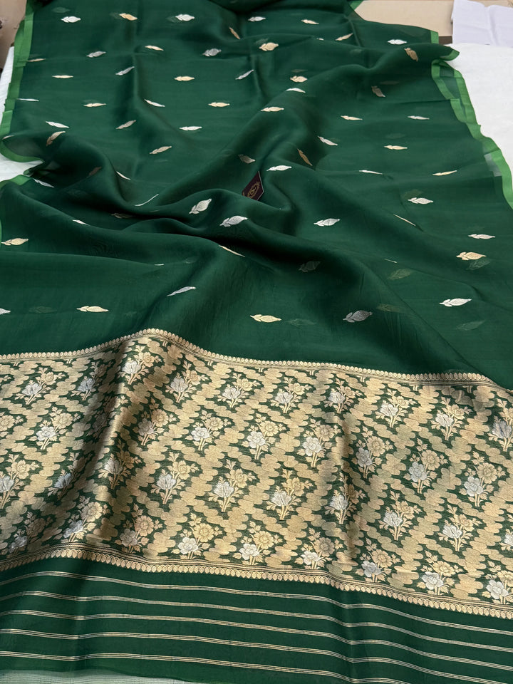 Bottle Green Pure Kora Silk Handloom Banarasi Saree