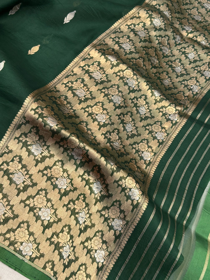 Bottle Green Pure Kora Silk Handloom Banarasi Saree