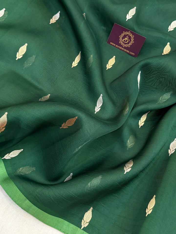 Bottle Green Pure Kora Silk Handloom Banarasi Saree