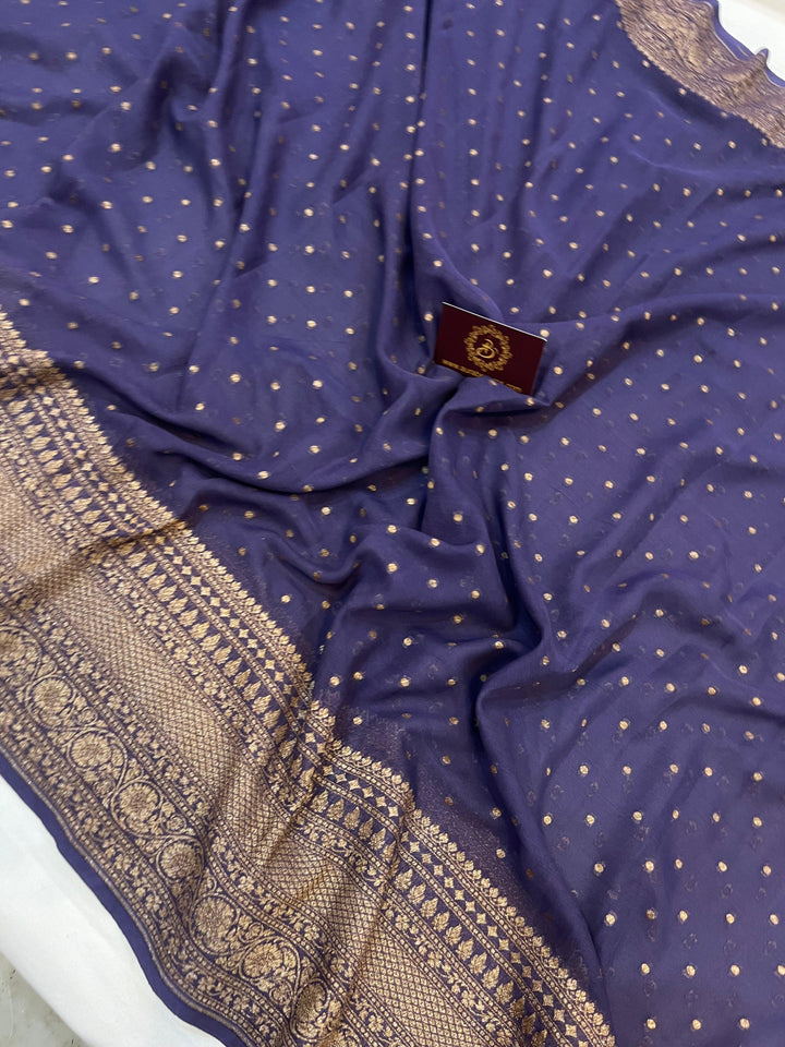 Greyish Blue Pure Banarasi Khaddi Georgette Saree - Aura Benaras