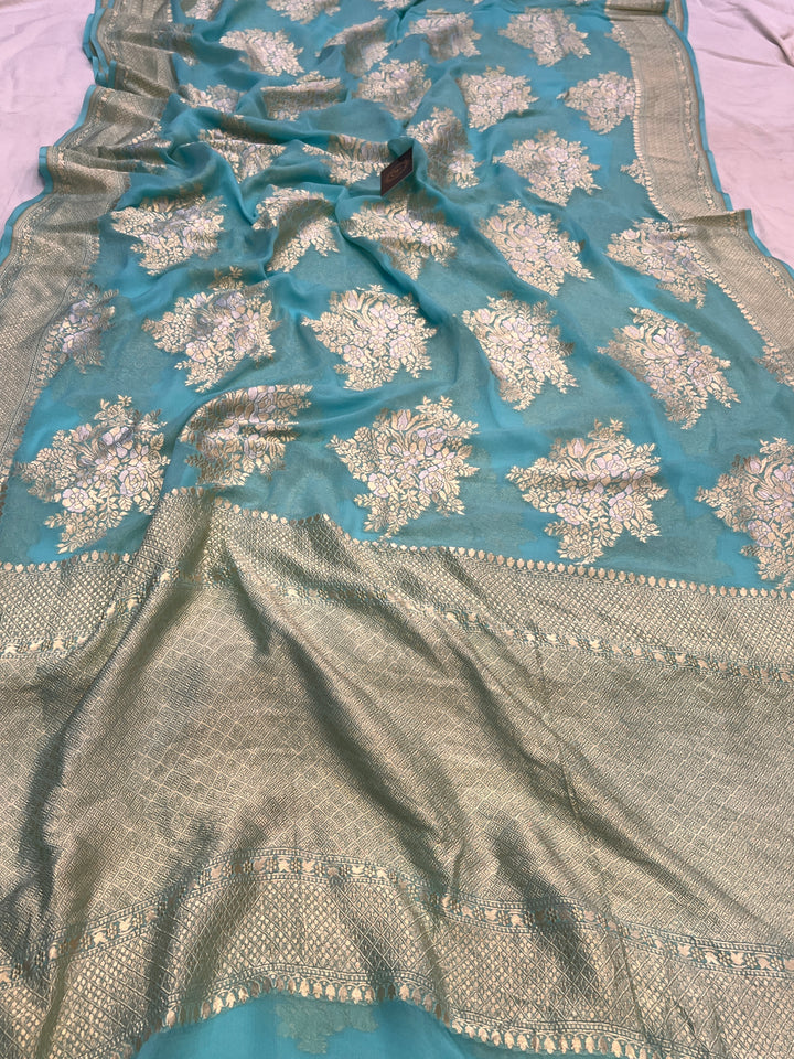 Turquoise Blue Banarasi Silk Saree with Sona Rupa Zari