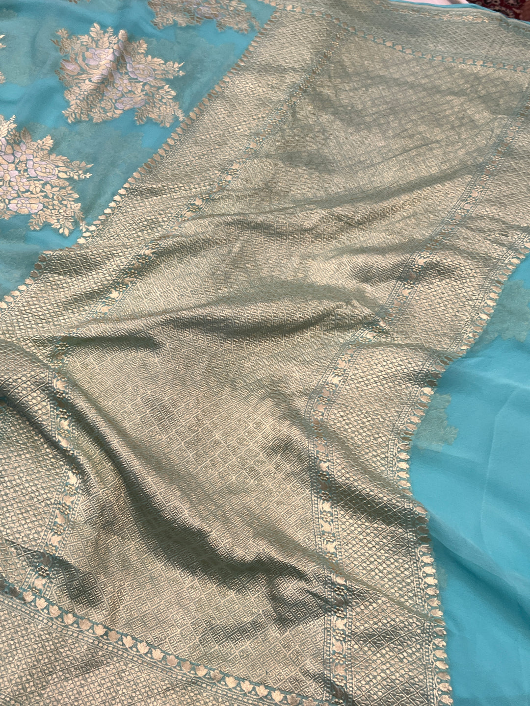 Turquoise Blue Banarasi Silk Saree with Sona Rupa Zari