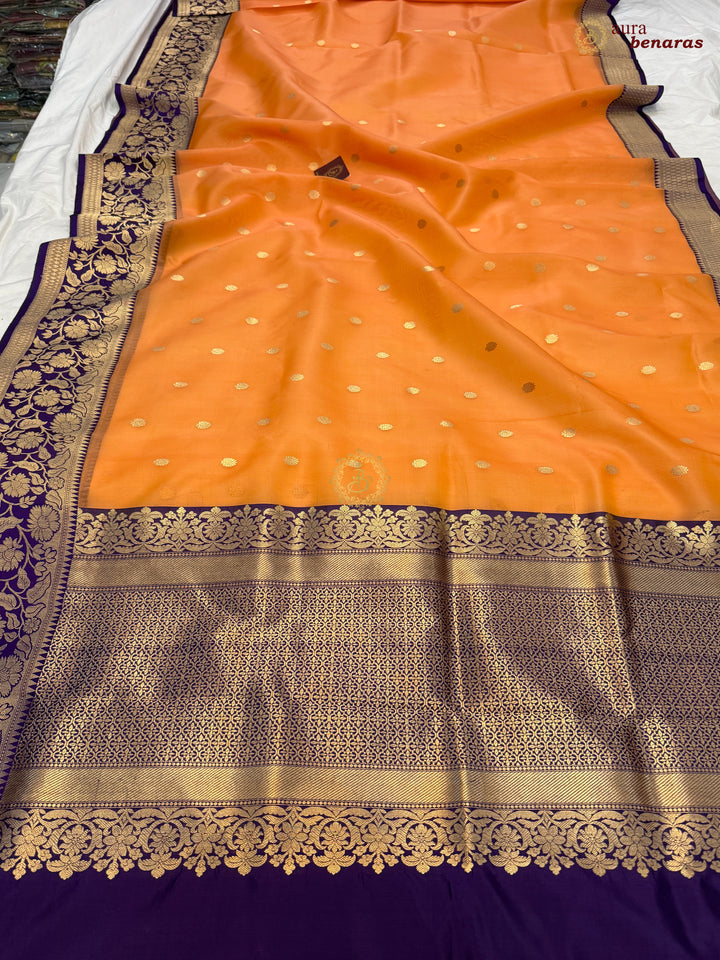 Pastel Orange Banarasi Handloom Kora Silk Saree