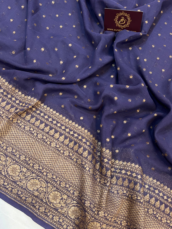 Greyish Blue Pure Banarasi Khaddi Georgette Saree - Aura Benaras