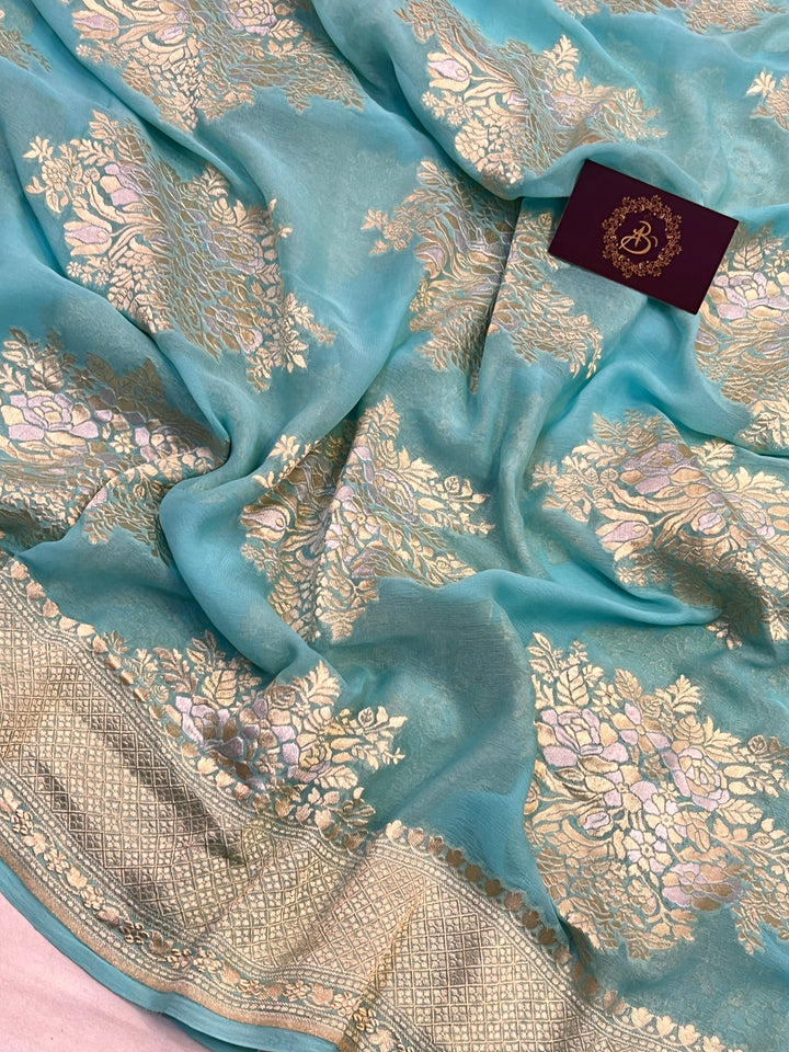 Turquoise Blue Banarasi Silk Saree with Sona Rupa Zari