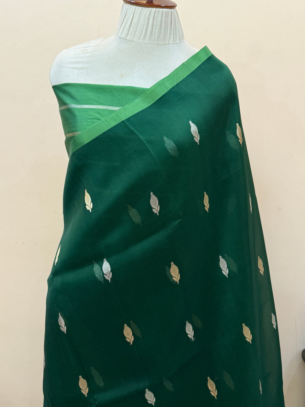 Bottle Green Pure Kora Silk Handloom Banarasi Saree