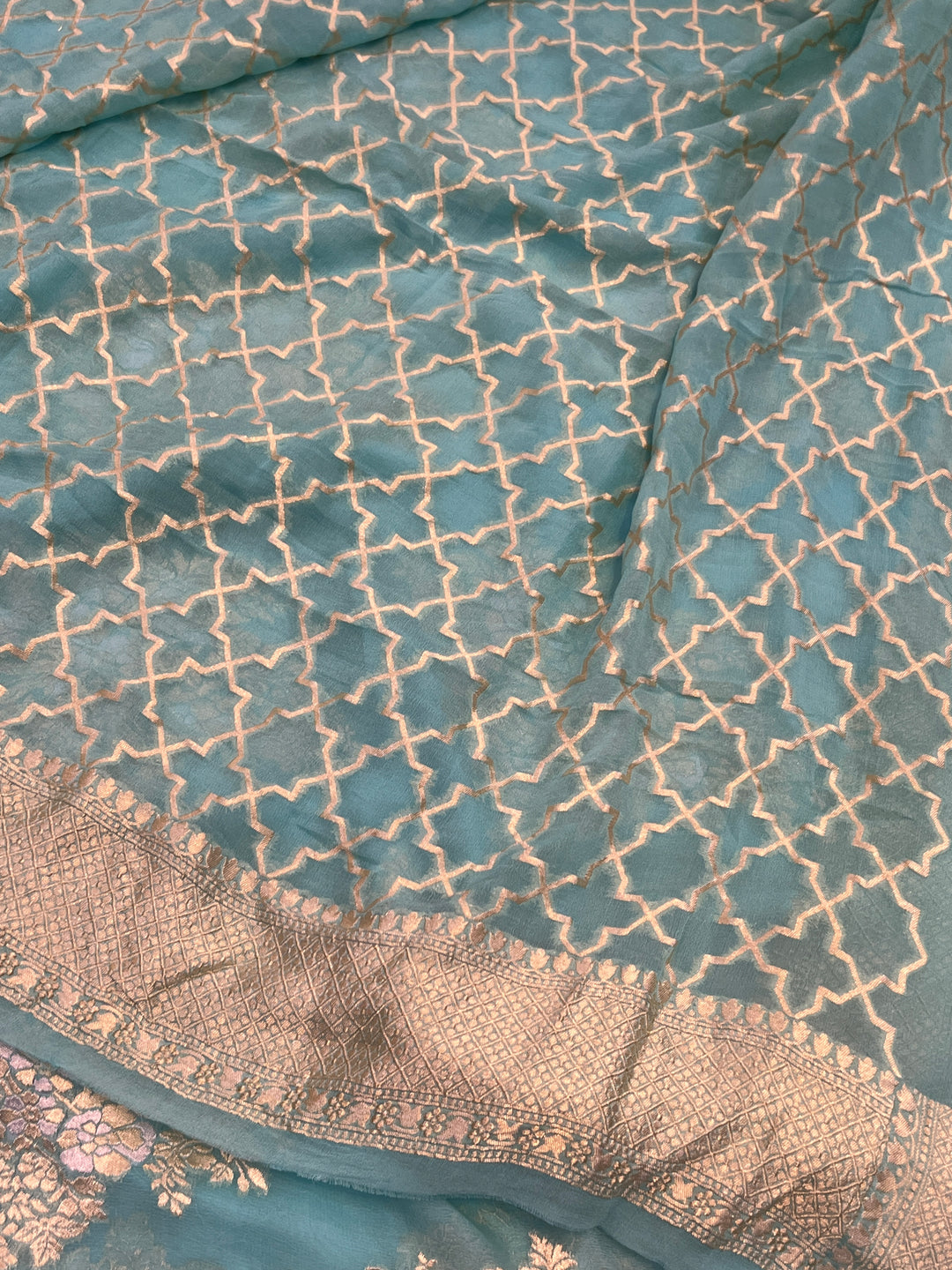 Turquoise Blue Banarasi Silk Saree with Sona Rupa Zari