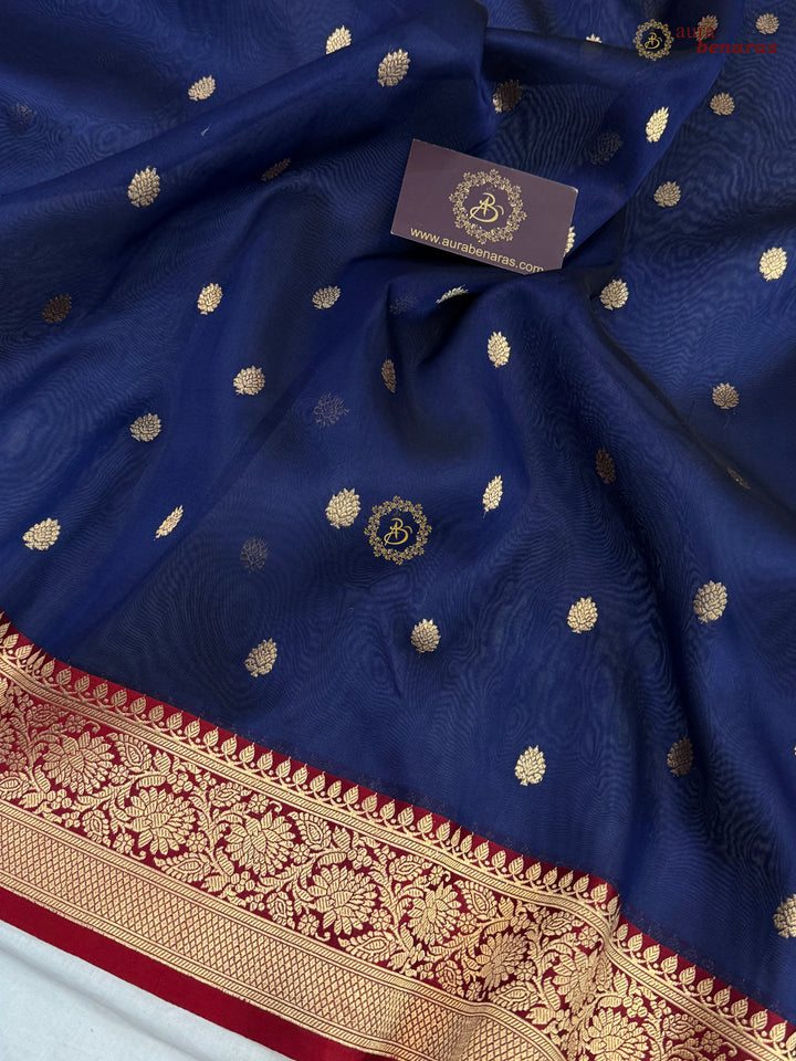Navy Blue Banarasi Handloom Kora Silk Saree