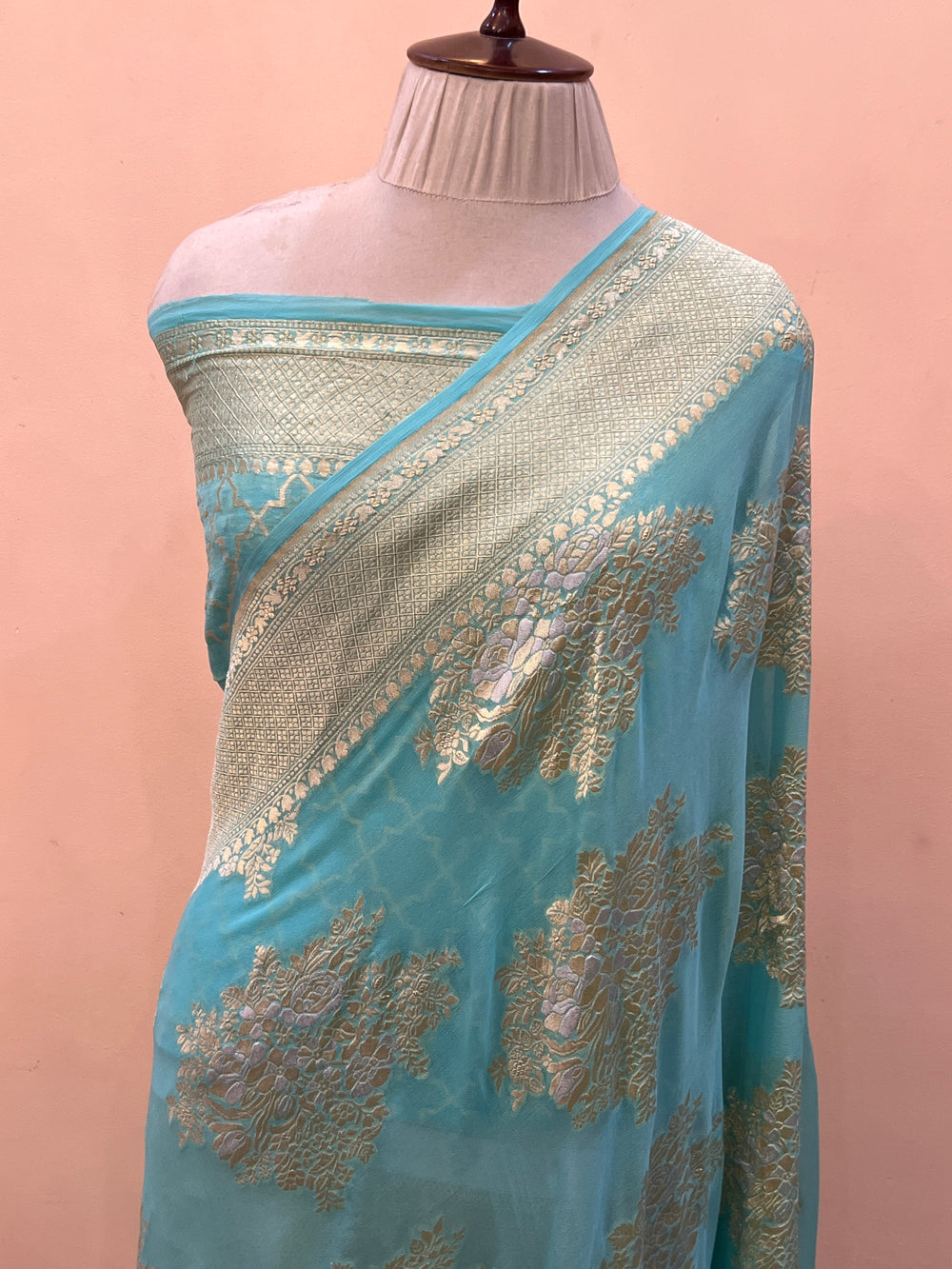 Turquoise Blue Banarasi Silk Saree with Sona Rupa Zari