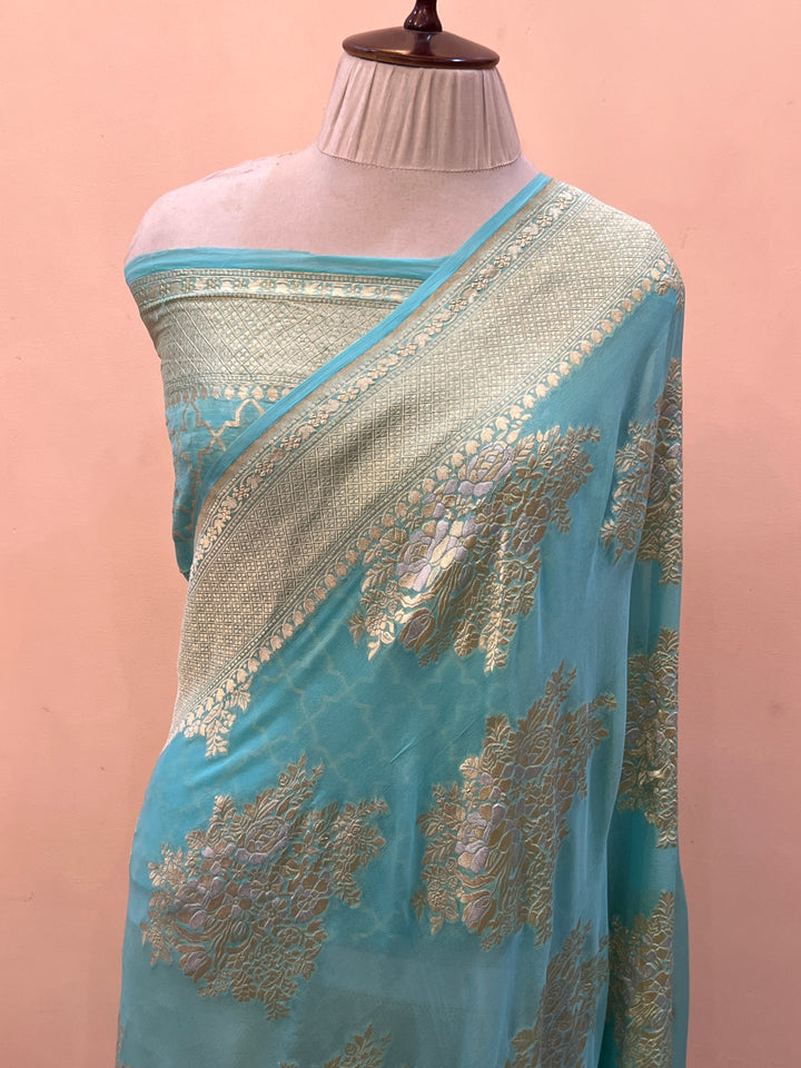 Turquoise Blue Banarasi Silk Saree with Sona Rupa Zari