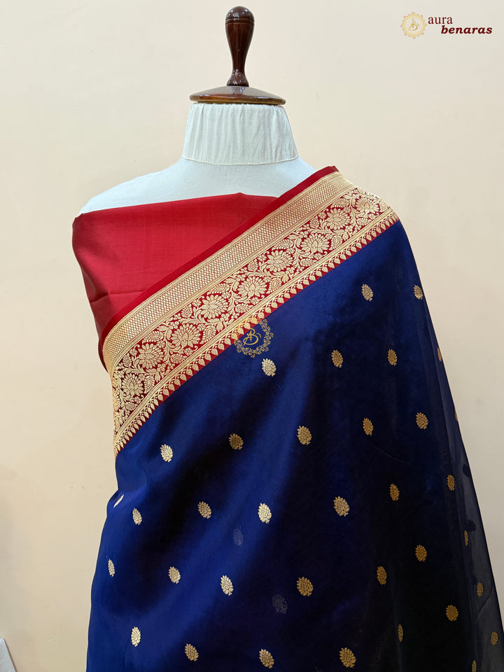 Navy Blue Banarasi Handloom Kora Silk Saree