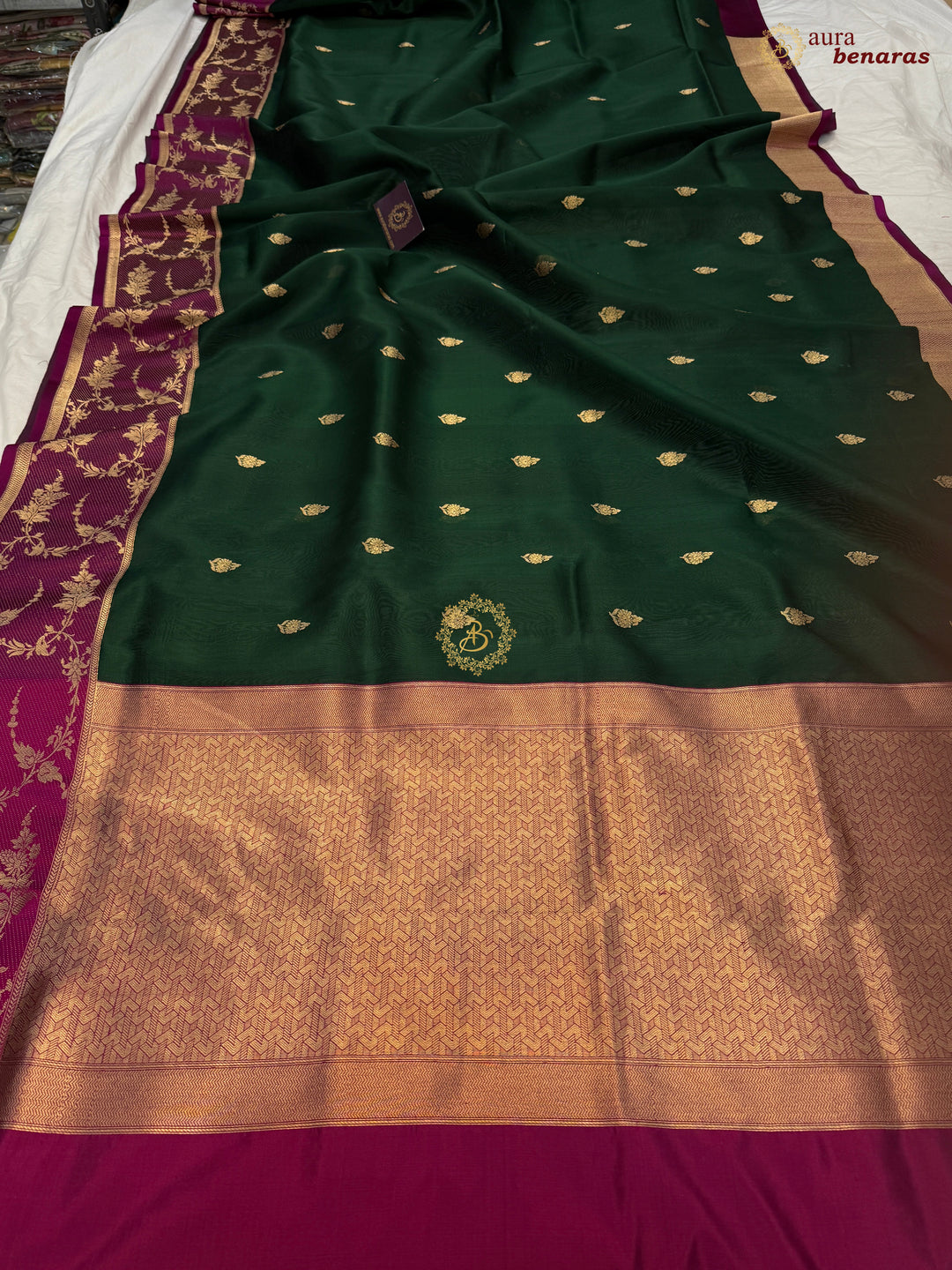 Bottle Green Banarasi Handloom Kora Silk Saree
