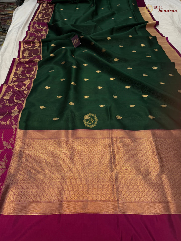 Bottle Green Banarasi Handloom Kora Silk Saree