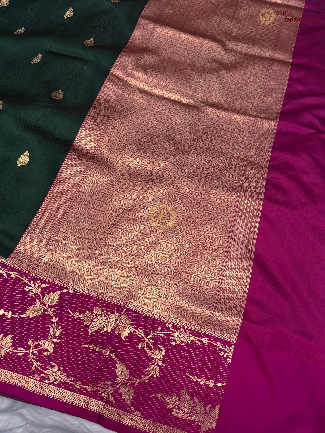 Bottle Green Banarasi Handloom Kora Silk Saree