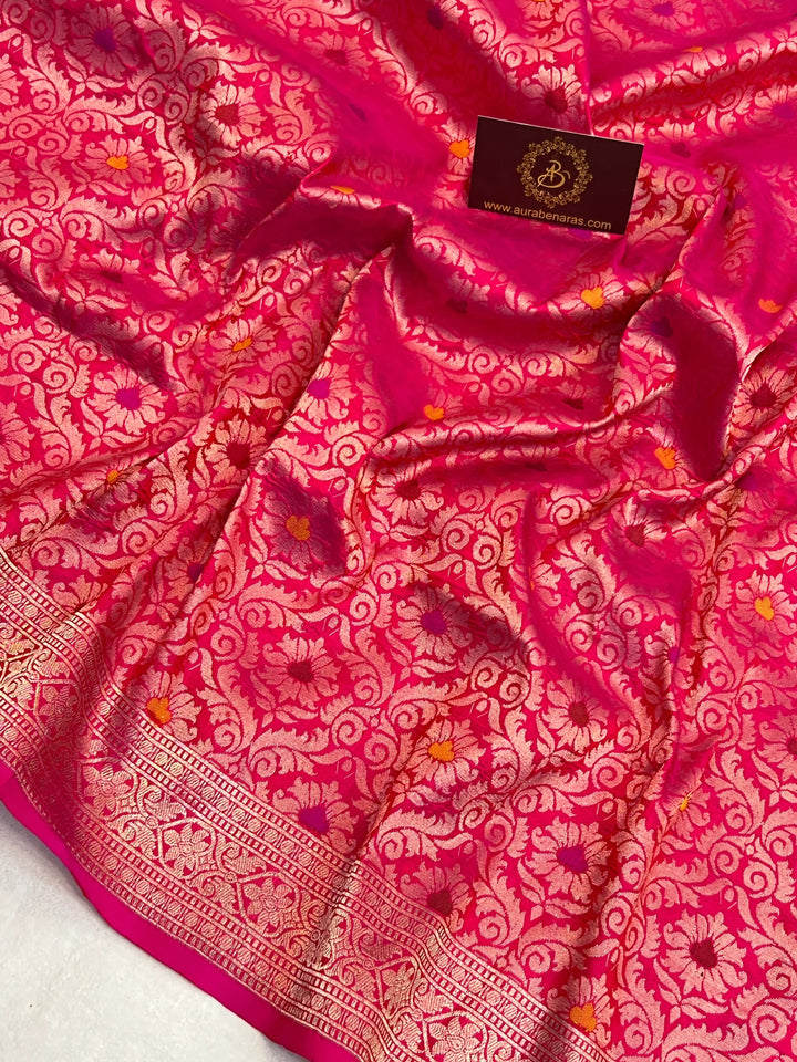 Hot Pink Pure Katan Silk Banarasi Saree with Meenakari Brocade