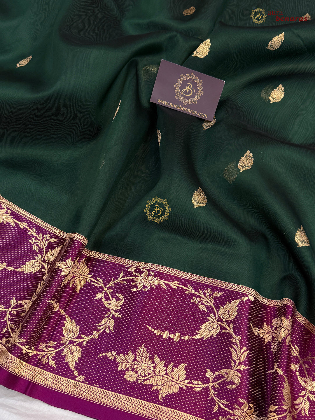 Bottle Green Banarasi Handloom Kora Silk Saree