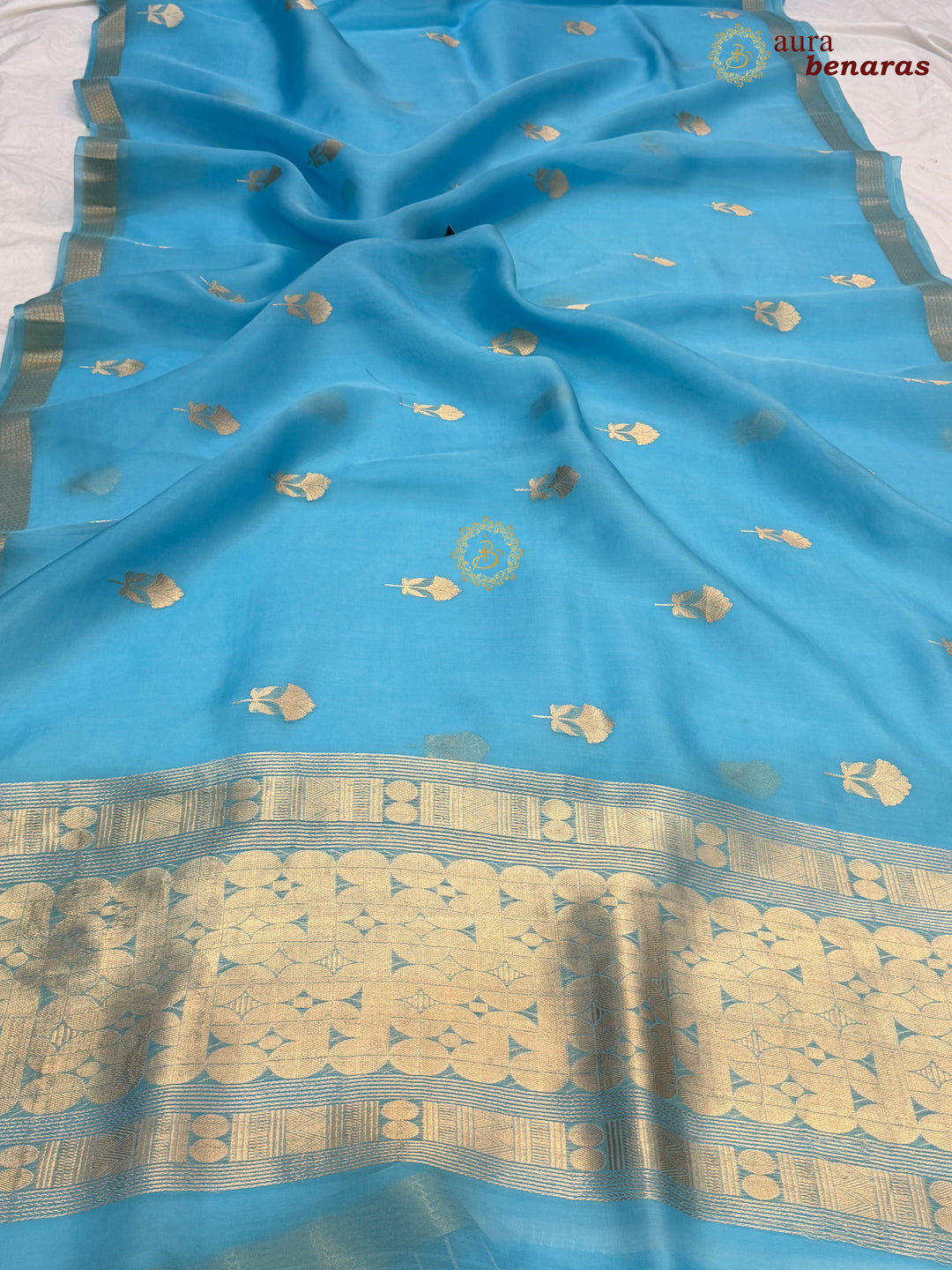 Sky Blue Kora Silk Handloom Banarasi Saree | Kadhwa Butis 