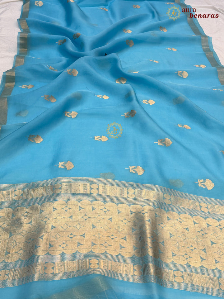 Sky Blue Kora Silk Handloom Banarasi Saree | Kadhwa Butis 