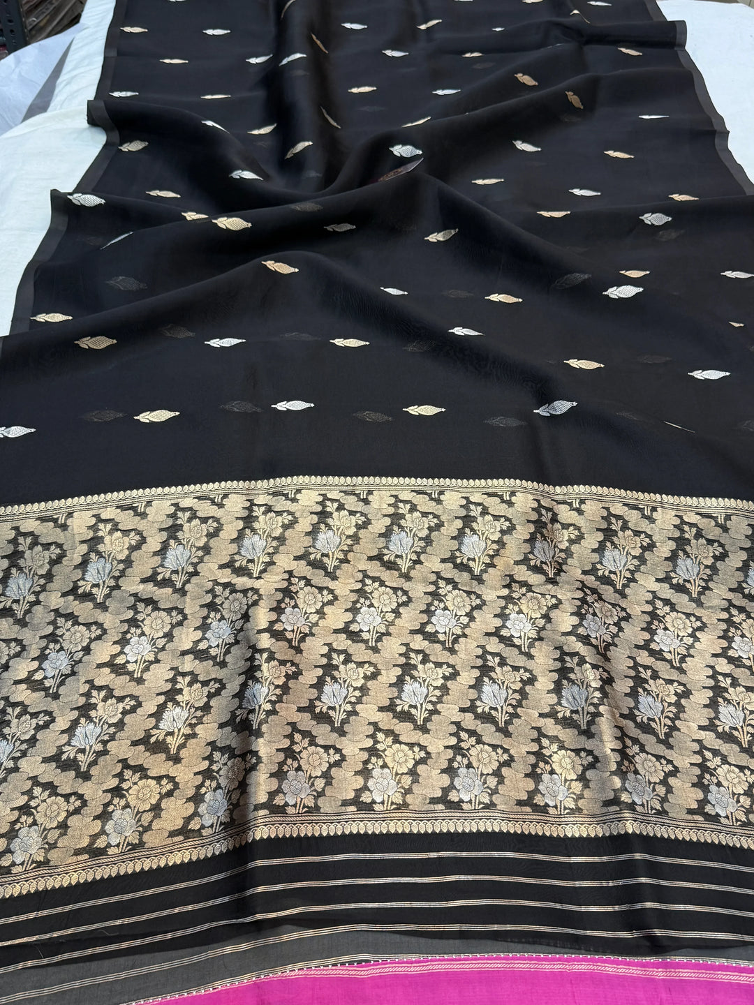 Black Pure Kora Silk Handloom Banarasi Saree