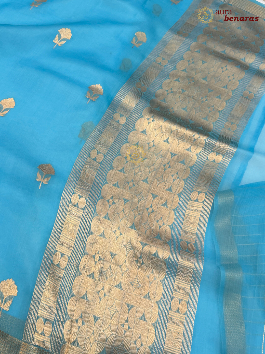 Sky Blue Kora Silk Handloom Banarasi Saree | Kadhwa Butis 