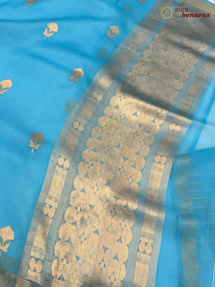 Sky Blue Kora Silk Handloom Banarasi Saree | Kadhwa Butis 