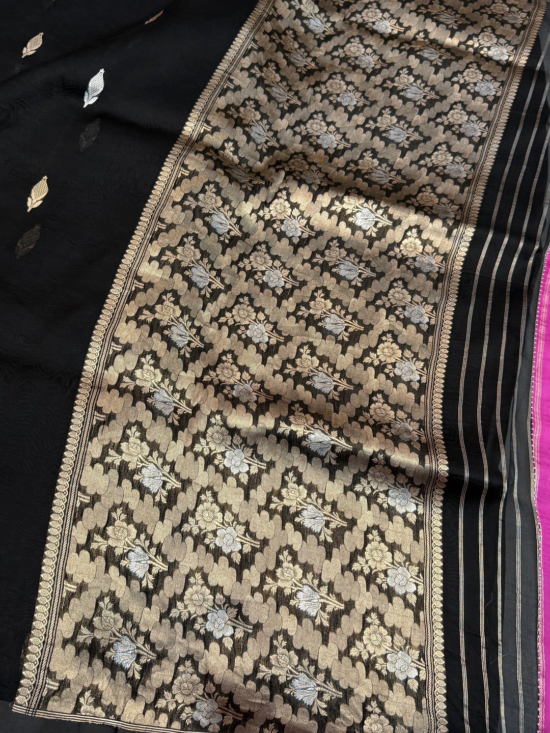 Black Pure Kora Silk Handloom Banarasi Saree