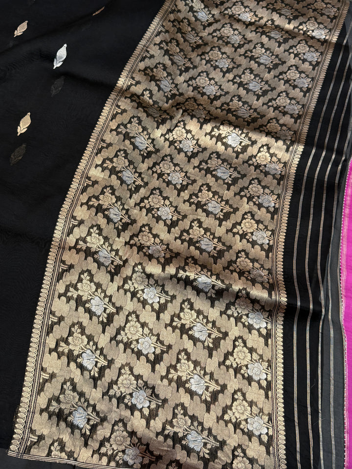 Black Pure Kora Silk Handloom Banarasi Saree